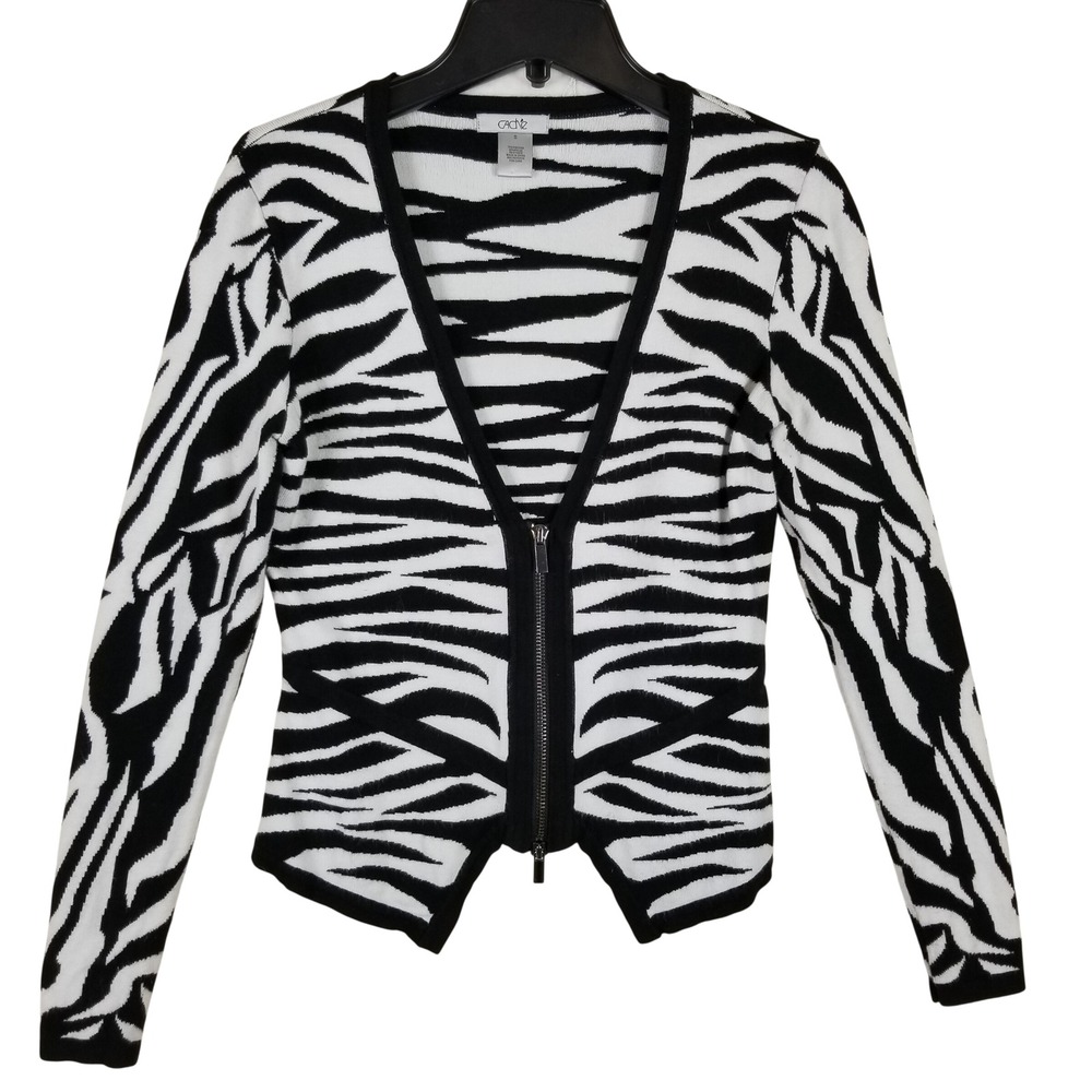 Cache Zebra Print Zip Front Cardigan Sweater Black White V-Neck Womens Small‎